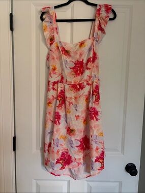 SHEIN Pink Floral Ruffle-Shoulder Midi Dress